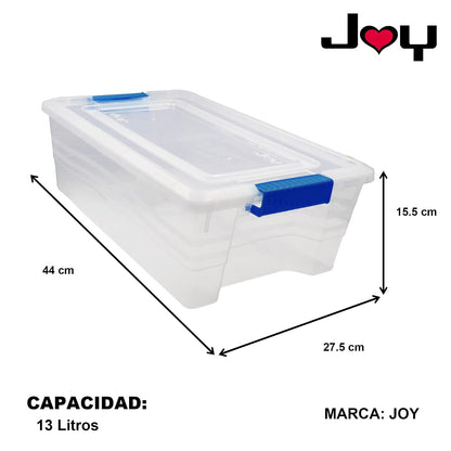 Joy – Caja de Almacenamiento 13 litros, Pack de 2, Perfecto para Organizar Ropa y Juguetes, con Broches de Seguridad, Plástico Libre de BPA, Transparente