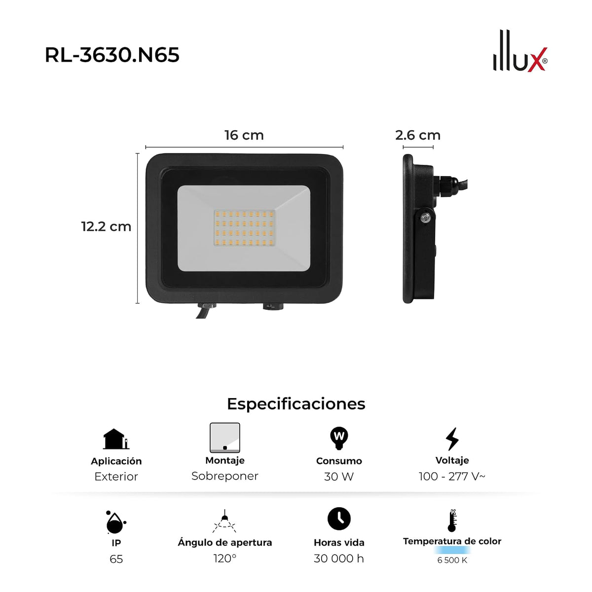 ILLUX Reflector LED Exterior 30W, Luz Fría 6500K, Impermeable IP65, Sobreponer en Piso, Negro, Iluminación para Fachadas y Jardines RL-3630.N65