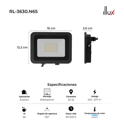 ILLUX Reflector LED Exterior 30W, Luz Fría 6500K, Impermeable IP65, Sobreponer en Piso, Negro, Iluminación para Fachadas y Jardines RL-3630.N65