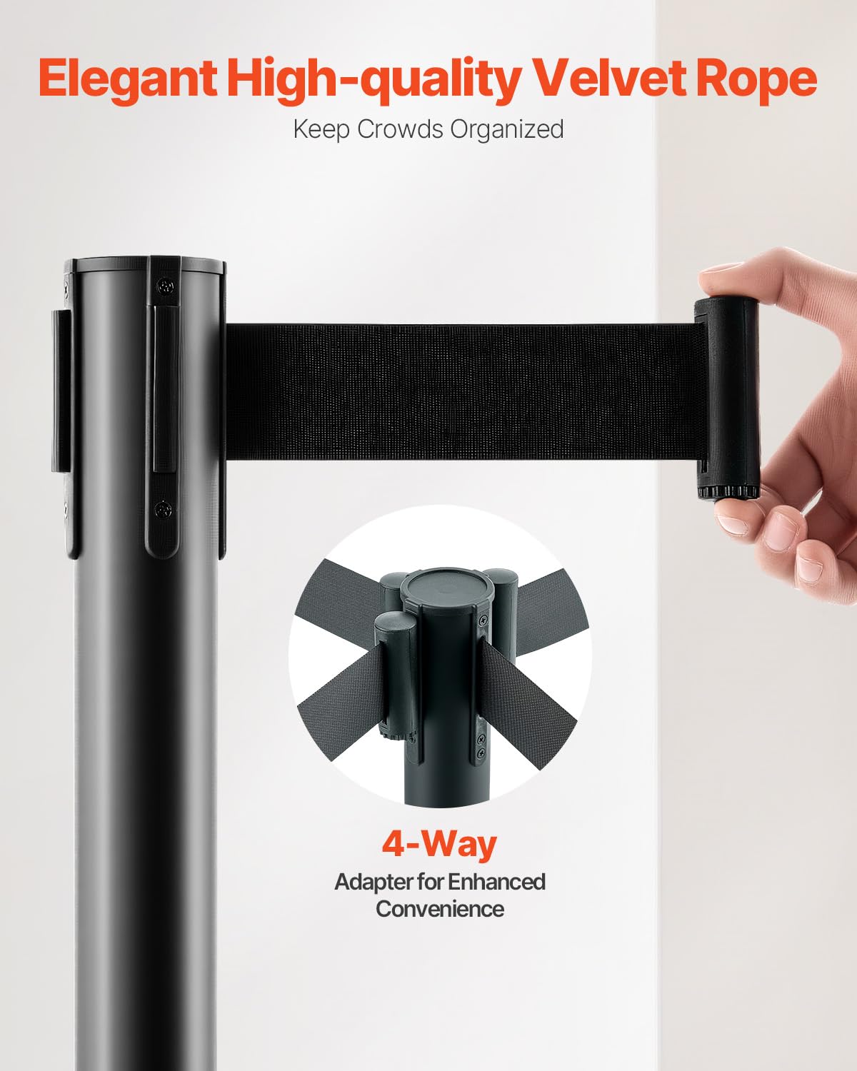 VEVOR 6 PCS Poste de Estaca de Acero al Carbono de 2 m con Base Hueca de Inyección de Arena y 6 Cinturones Retráctiles Negros, Barreras de Control de Multitudes para Teatro, Fiesta, Boda, Negro