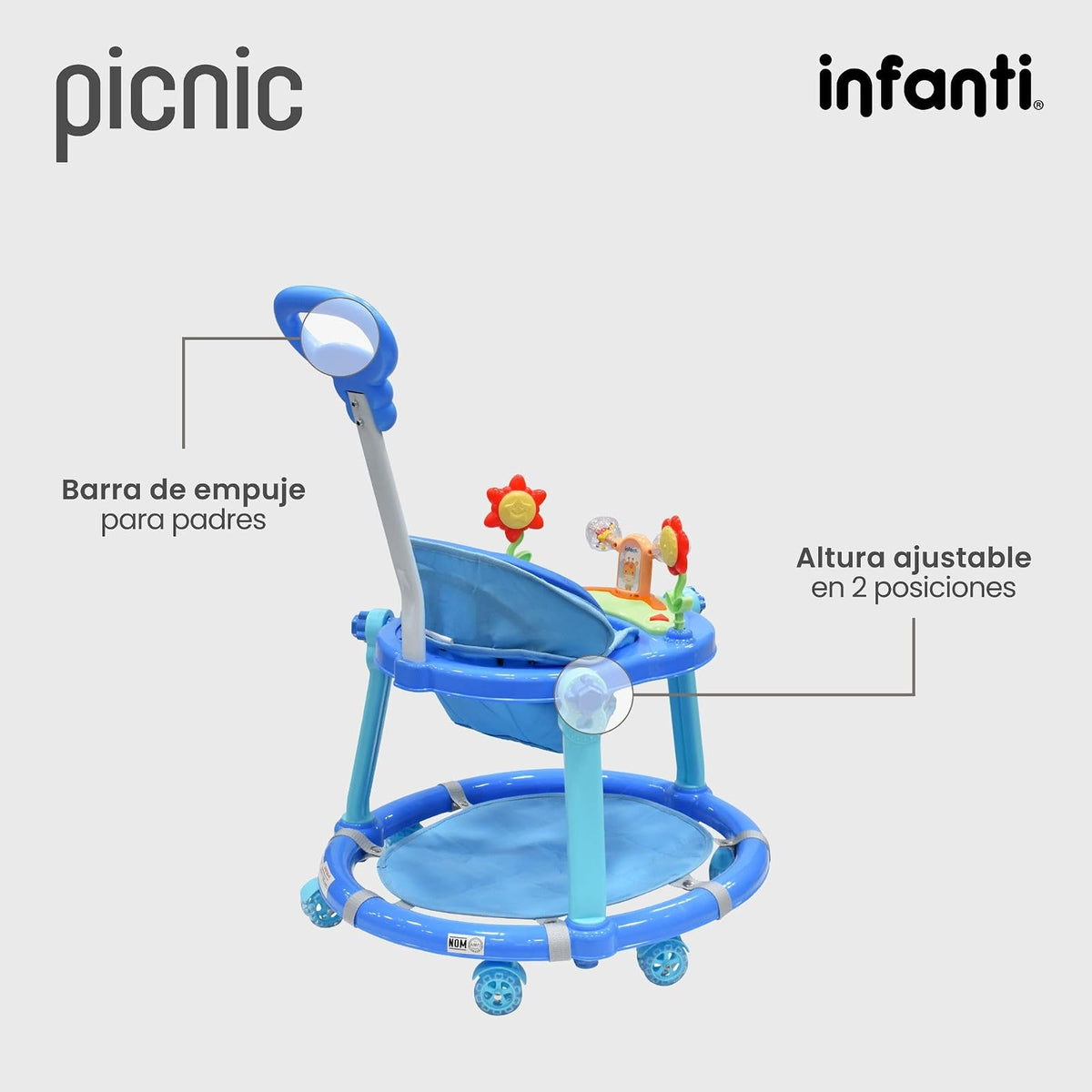 Infanti - Andadera para Bebe 3 en 1 Picnic - Juguetes para Bebe - Andador para Bebe - Con Paseador y Juguetero Musical - Cosas para Bebes - Barra de empuje. (Azul)