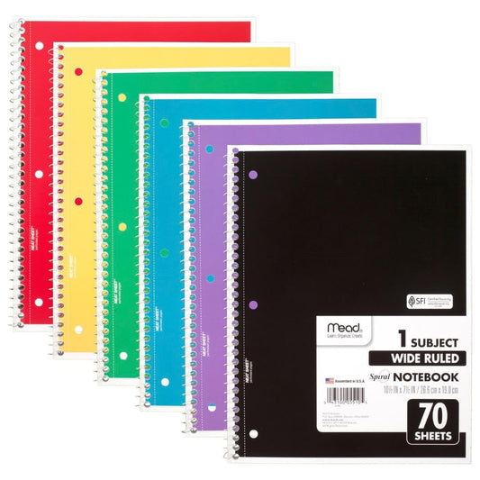 Mead Cuaderno en espiral, 1 materia, 70 hojas, renglones anchos, Paquete de 6