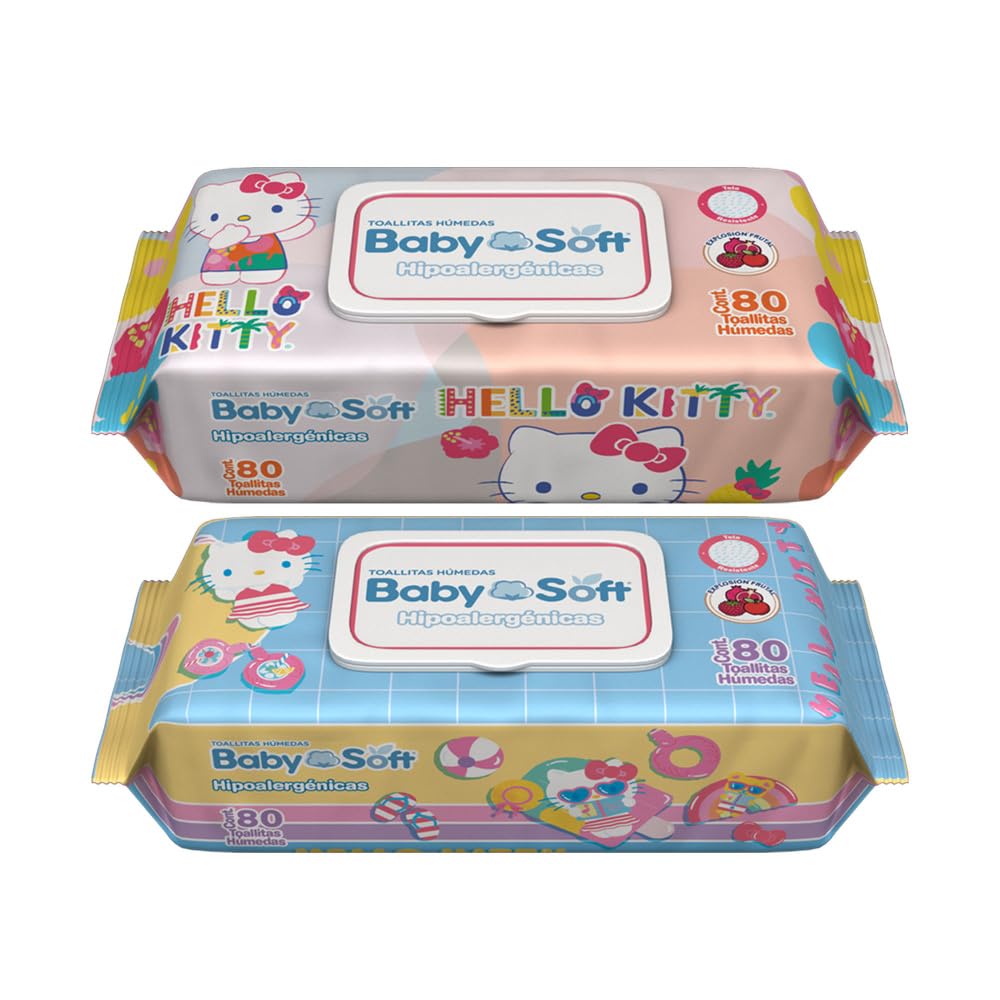Toallitas Húmedas Baby Soft, Aroma Moras/Explosión Frutal, Hello Kitty and Friends, Caja con 1,440 piezas (18 Paquetes con 80 Toallitas c/u)