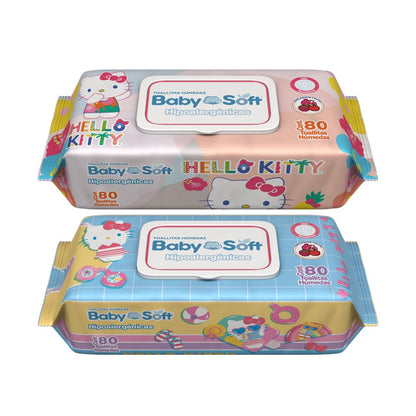 Toallitas Húmedas Baby Soft, Aroma Moras/Explosión Frutal, Hello Kitty and Friends, Caja con 1,440 piezas (18 Paquetes con 80 Toallitas c/u)