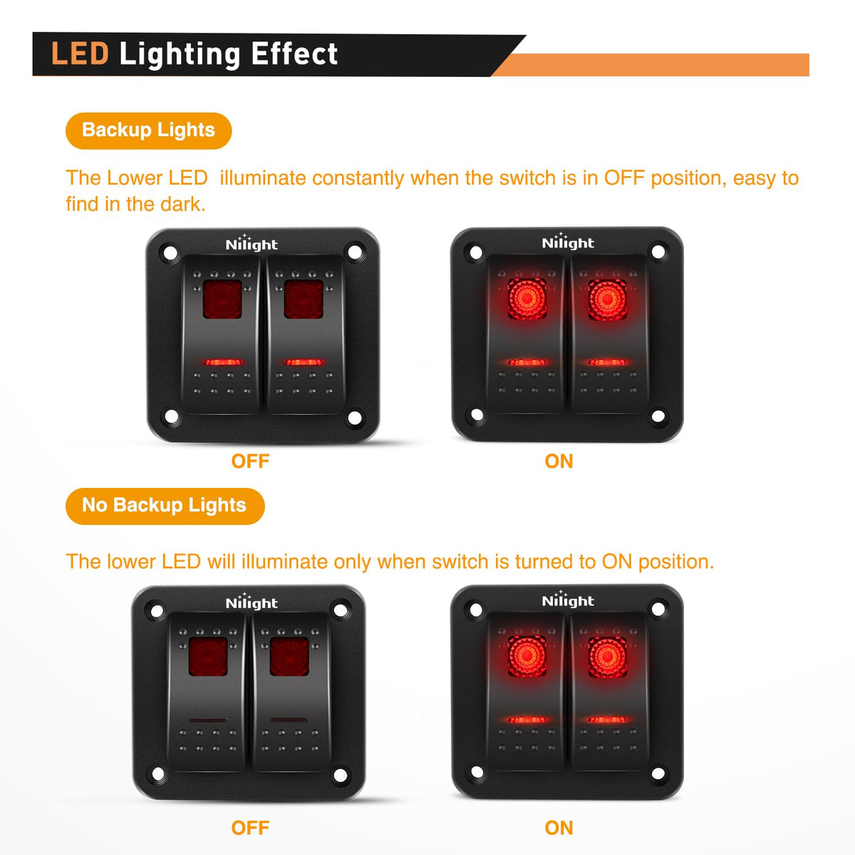 Nilight 90164B Panel de Interruptores Basculantes 2 Bandas 12 V/24 V CC Aluminio Rojo 5 Pines para Coches y ATV