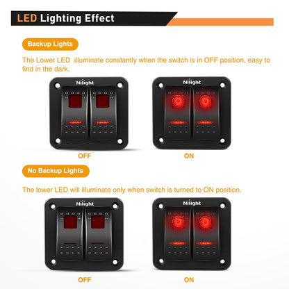 Nilight 90164B Panel de Interruptores Basculantes 2 Bandas 12 V/24 V CC Aluminio Rojo 5 Pines para Coches y ATV