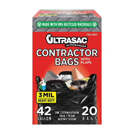 Ultrasac Contractor Bags 42 Gallon (20 PACK/w FLAP TIES), 33" x 45" - 3 MIL Thick Large Black Heavy Duty Industrial Garbage Trashbags for Professional Construction and Commercial use