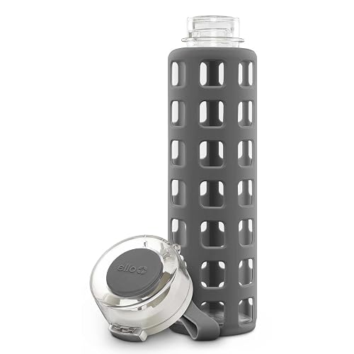 Ello Syndicate - Botella de agua de vidrio con tapa abatible de un solo toque y funda protectora de silicona y bucle de transporte, sin BPA, apta para lavaplatos, 20 onzas