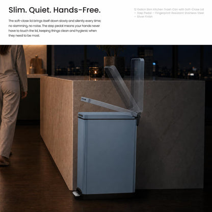 Home Zone Living - Papelera de cocina delgada de 12 galones con tapa de cierre suave, pedal de paso, banda para meter bolsa y forro extraíble, acero inoxidable, azul medianoche, 45 litros