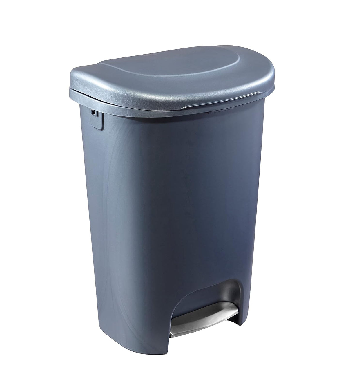 Rubbermaid Classic - Papelera de 13 galones con tapa y pedal de acero inoxidable, cubeta de basura azul plomizo para cocina, nuevo paso premium - Step-On premium - Azul plomizo
