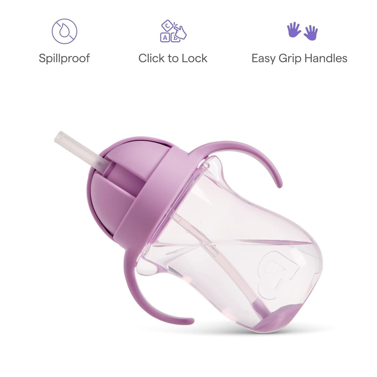 Munchkin Any Angle - Taza de entrenamiento con popote con peso a prueba de derrames, tazas de transición para niños pequeños y bebés, tecnología Click Lock y divertido diseño de gato, 10 onzas, morado