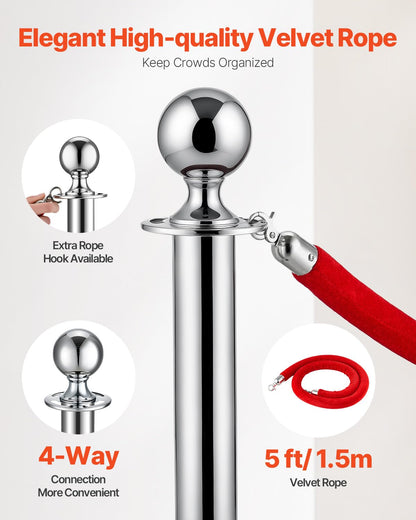 VEVOR 4 PCS Poste de Estaca de Acero Inoxidable de 1,5 m con Base Hueca de Inyección de Arena y 2 Cuerdas de Terciopelo Rojo, Barreras de Control de Multitudes para Teatro, Fiesta, Boda, Plateado