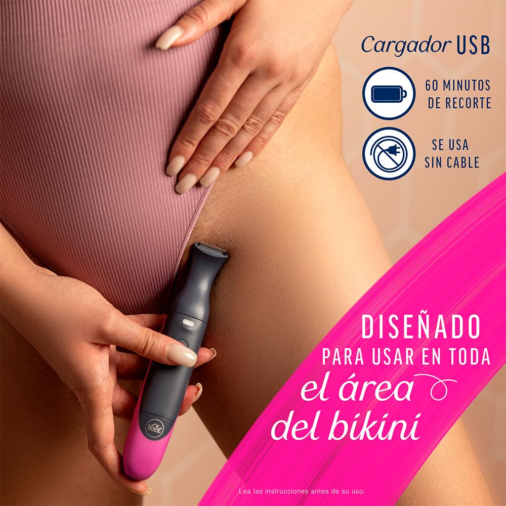 Veet® Expert Recortador Eléctrico todo en uno para mujer | Recortador de vello eléctrico para zona de bikini, cara y cejas | Recargable con carga USB y accesorios | 100% resistente al agua
