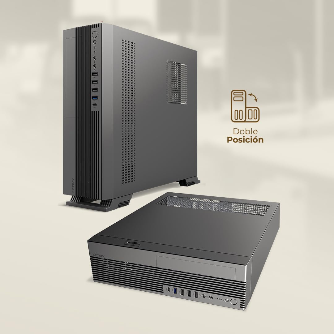 Acteck AC-943079 Gabinete Mini Torre Slim Onex GS455/Max MB Micro ATX/Fuente SFX 500 W/12.7 L/ 3X USB 2.0 + 1 USB 3.0 + 1 USB Tipo C 3.0 + 1x Mic + 1x Audio/Lector de Tarjetas SD/Full Metalico