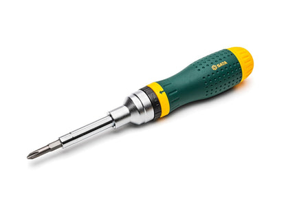 SATA ST09350 - Juego de destornilladores de carraca multiusos 19 en 1 con 8 puntas de doble cara y un mango resistente al aceite verde y amarillo