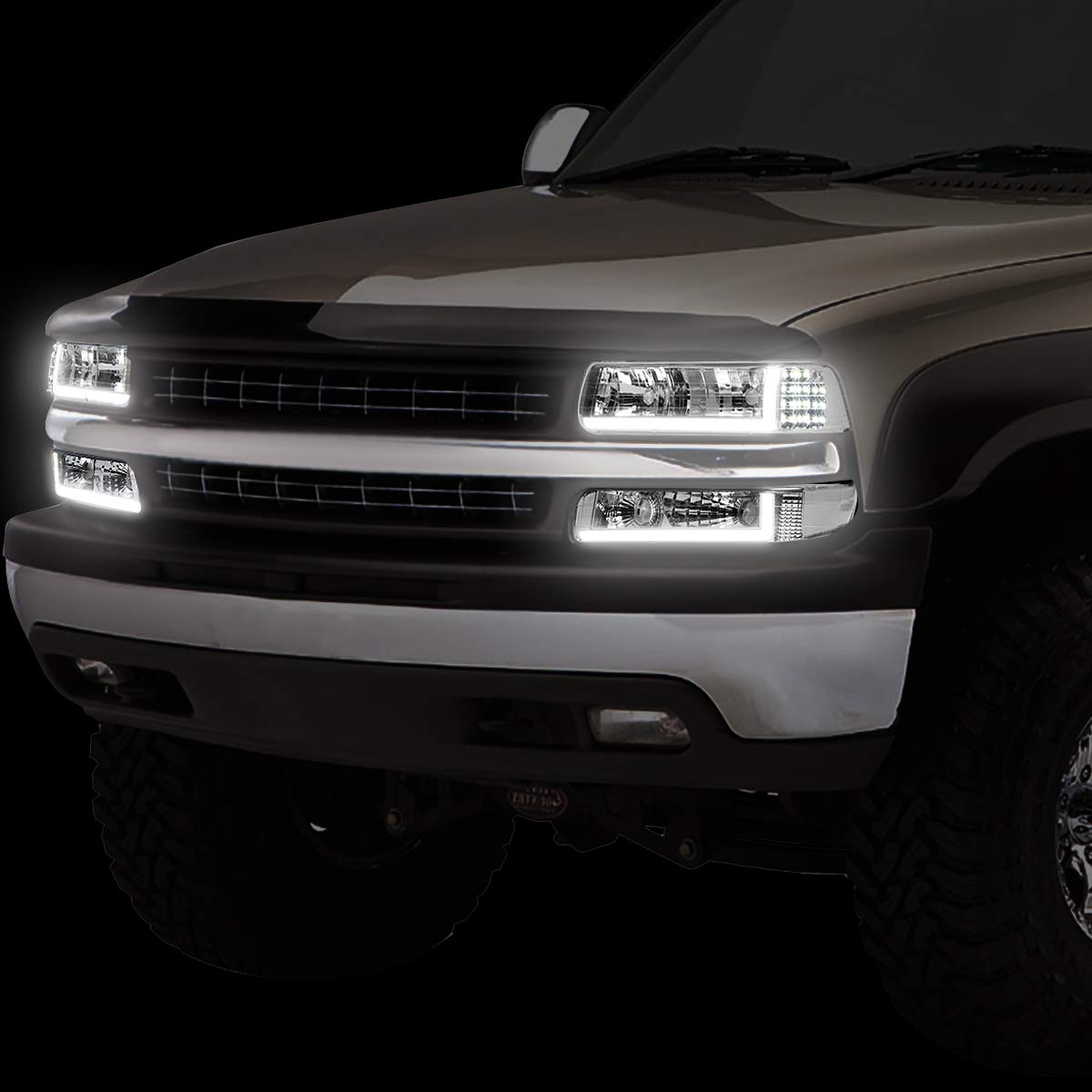 DNA Motoring Par de Faros Delanteros LED DRL de Repuesto para Chevrolet Silverado 1999-2002, Cromado/Transparente, HL-LB-CSIL99-CH-CL1
