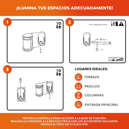 Tecnolite - Lámpara Exterior Urbino para Sobreponer en Muro y Pared de Color Satinado. Potencia 60 W, Base E27, Protección IP44 a Prueba de Polvo y Agua