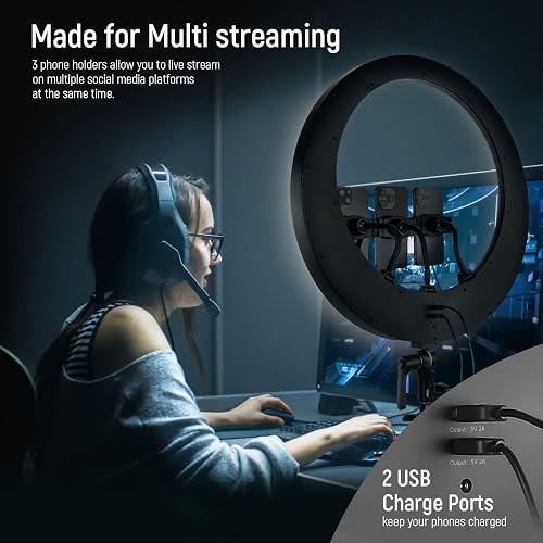 NEEWER Aro de Luz RP19H 19 inch con Trípode y 3 Soporte Móvil, 2.4G Actualizado y Control Táctil, Atenuación Suave al 1%, 42W CRI 97+ 2540lux, Profesional para Streaming Home Office Zoom Call Lighting