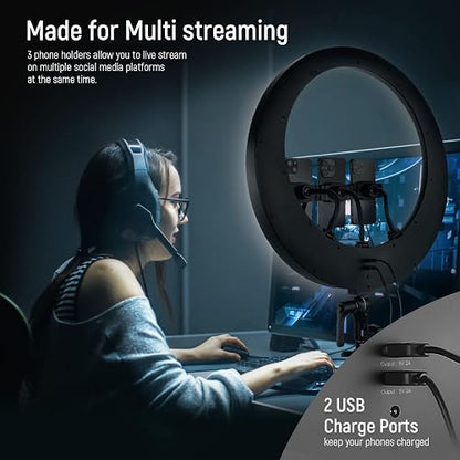 NEEWER Aro de Luz RP19H 19 inch con Trípode y 3 Soporte Móvil, 2.4G Actualizado y Control Táctil, Atenuación Suave al 1%, 42W CRI 97+ 2540lux, Profesional para Streaming Home Office Zoom Call Lighting