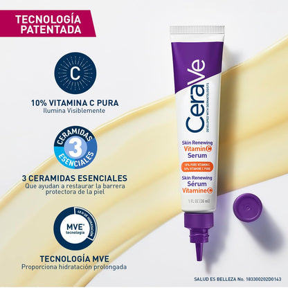 CeraVe Skin Renewing Vitamina C Sérum Facial, Todo Tipo de Piel, 30 ml | Con 3 Ceramidas Esenciales y Ácido Hialurónico, ilumina la piel, unifica el tono y reduce la apariencia de líneas finas