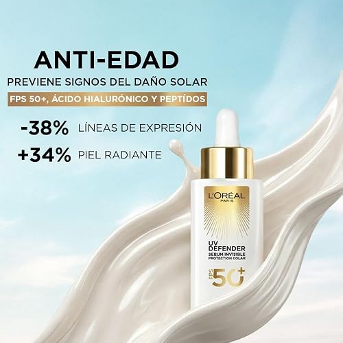 L'Oréal Paris Sérum Protector Solar Invisible FPS 50+ anti-manchas y lineas de expresión, 30ml