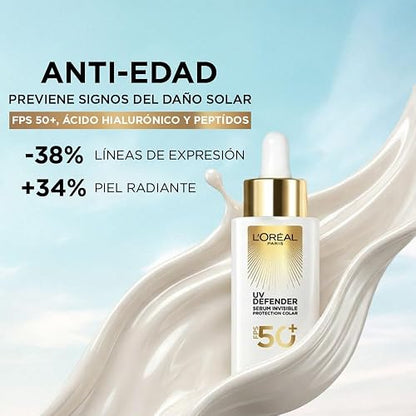 L'Oréal Paris Sérum Protector Solar Invisible FPS 50+ anti-manchas y lineas de expresión, 30ml