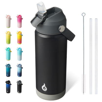 BJPKPK Botella de Agua Aislada con Popote 532 ml, Acero Inoxidable - Negro - - 0.5 Litros