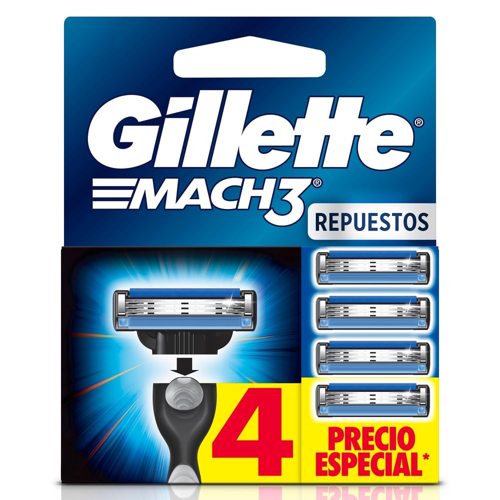GILLETTE Mach3, Cartucho de Rastrillo para Afeitar, 4 Repuestos con 3 Hojas para Rasurar la Barba, Afeitado al Ras, Rastrillo para Hombre