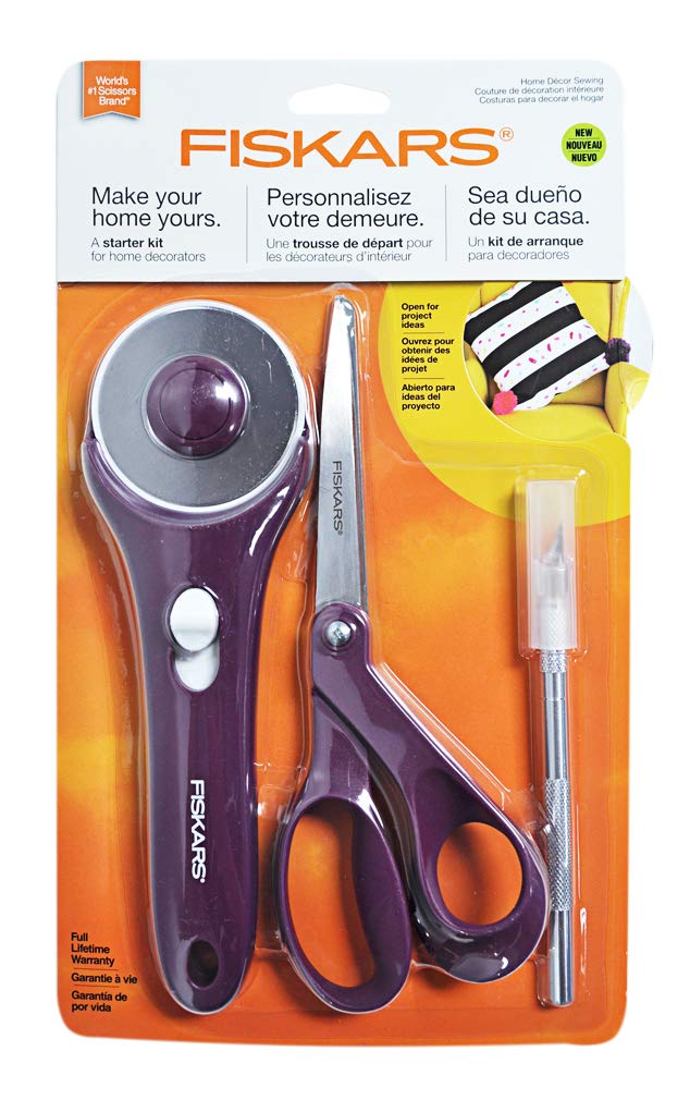 Fiskars Decor - Juego de 3 piezas de cortador giratorio, cuchillo y tijeras de 8 pulgadas, decoración del hogar, color morado 3 unidades