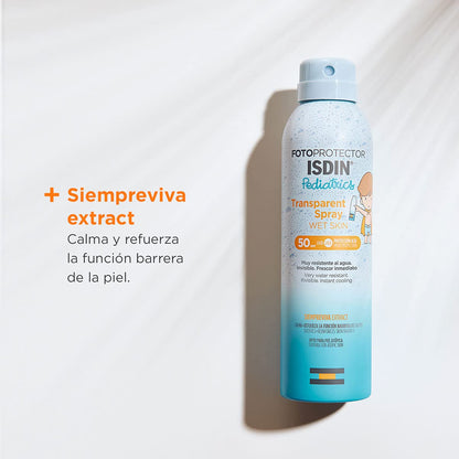 ISDIN fotoprotector transparent spray wet skin pediatrics spf 50, protector solar corporal para ninos, textura invisible y ligera para piel mojada, 250ml