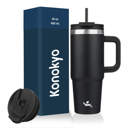 Konokyo Vaso Térmico de 40 oz con Asa y Popote, Lavanda - 30 Ounces - Negro -