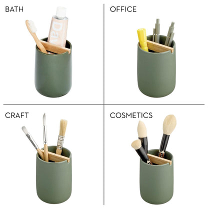 iDesign Eco Vanity - Soporte para cepillos de Dientes de cerámica con Separador de Madera de Paulownia, Musgo/Natural