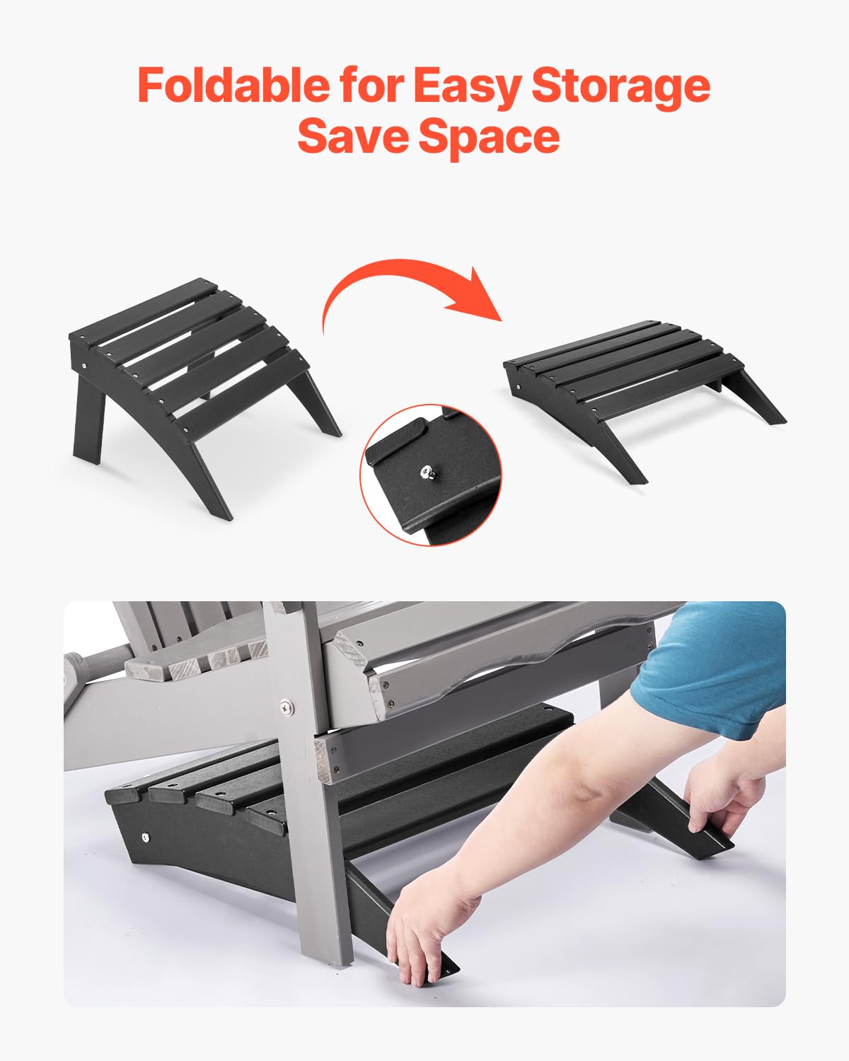 VEVOR Reposapiés Adirondack Plegable de Plástico HDPE de 475 x 500 x 330 mm, Reposapiés Adirondack Resistente a la Intemperie para Silla Adirondack para Porches Exteriores, Césped, Patios, Negro
