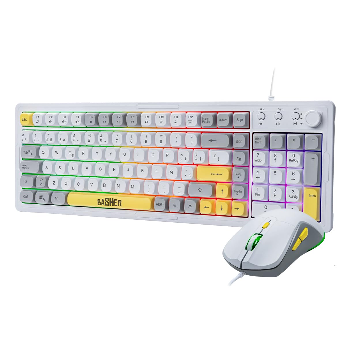 Basher Kit Gamer RGB para PC con Teclado Full Size de 102 Teclas Antighosting y Mouse de hasta 7200 dpi, Control de Volumen, Iluminación LED y Conexión USB BASH-6000