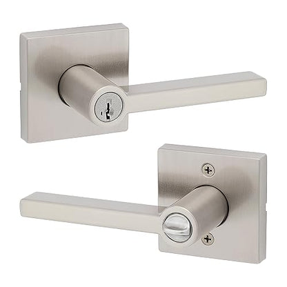 Kwikset Halifax - Manija de puerta de entrada con cerradura y llave, palanca reversible con llave segura, exterior, para entrada frontal y dormitorios, níquel satinado, seguridad Smartkey Rekey y