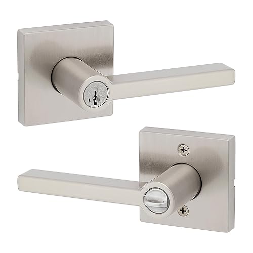 Kwikset Halifax - Manija de puerta de entrada con cerradura y llave, palanca reversible con llave segura, exterior, para entrada frontal y dormitorios, níquel satinado, seguridad Smartkey Rekey y