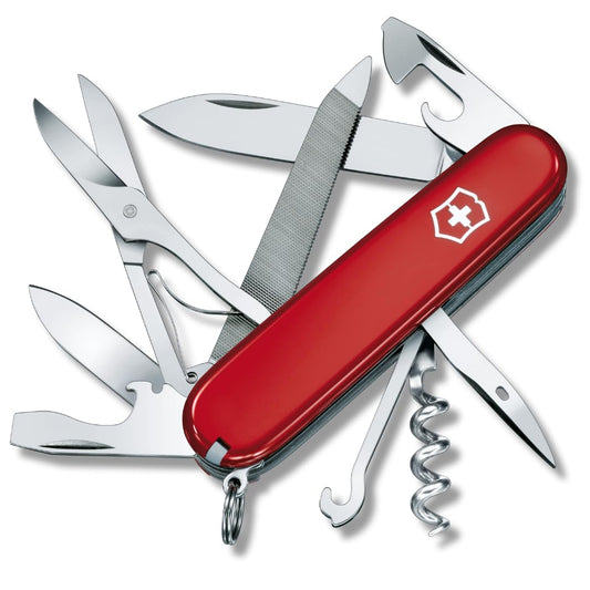 Victorinox Navaja Mountaineer, Roja, 18 Usos | Herramienta mediana de 91 mm con tijeras, sierra de metal y lima para senderismo y transporte diario. Báscula ABS roja