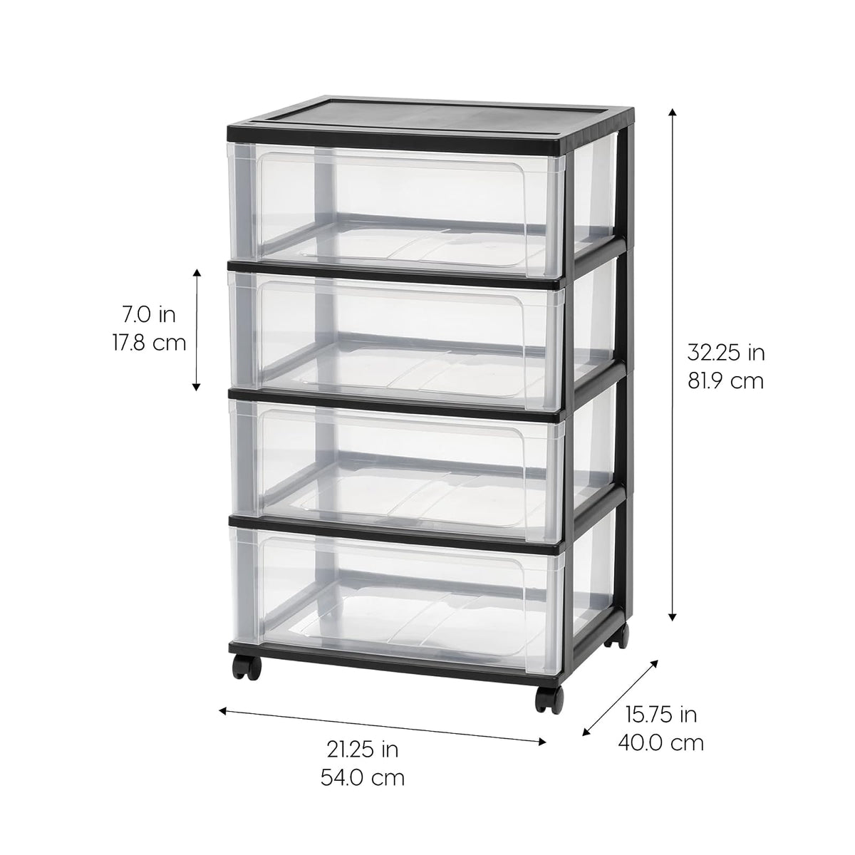 IRIS USA Carrito Organizador Ancho de 4 Cajones con Ruedas, Negro | Guarda ropa, toallas, artículos de oficina, manualidades y artículos del hogar con almacenamiento organizado