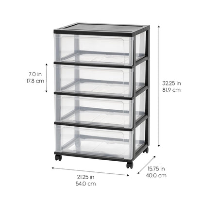 IRIS USA Carrito Organizador Ancho de 4 Cajones con Ruedas, Negro | Guarda ropa, toallas, artículos de oficina, manualidades y artículos del hogar con almacenamiento organizado