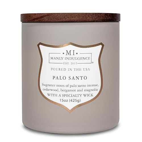 Manly Indulgence - Velas perfumadas de Palo Santo para hombres, mecha de madera de 15 onzas, cera de mezcla de soja premium, quemaduras de 60 horas, velas perfumadas para el hogar, fabricadas en los