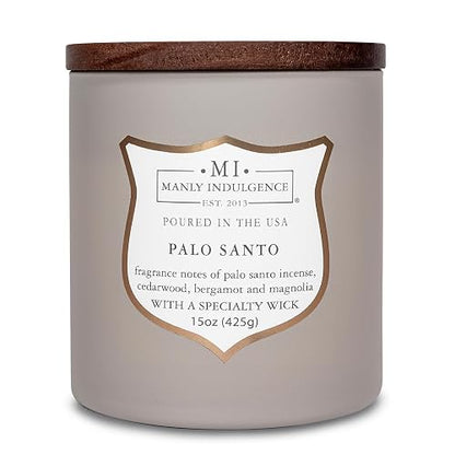 Manly Indulgence - Velas perfumadas de Palo Santo para hombres, mecha de madera de 15 onzas, cera de mezcla de soja premium, quemaduras de 60 horas, velas perfumadas para el hogar, fabricadas en los