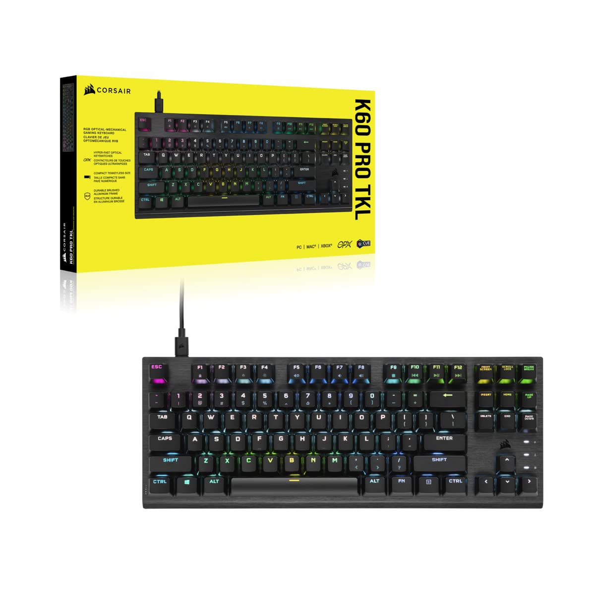 Corsair K60 PRO TKL RGB Teclado para Juegos Mecánico-Óptico sin Tornillos con Cable - Interruptores OPX - Tapas de Policarbonato - Compatible con iCUE - QWERTY ES - PC, Mac, Xbox - Negro