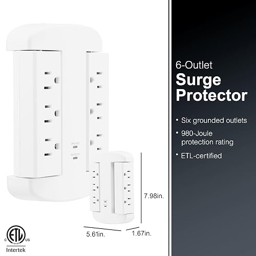 GE Extensor de 6 Enchufes, Protector contra Sobretensiones, Acceso Lateral Giratorio, Adaptador de Enchufe de Pared, 3 Clavijas, 980 Joules, Certificado ETL, Blanco, 81781