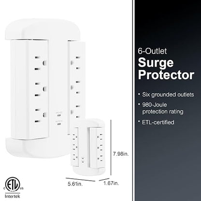 GE Extensor de 6 Enchufes, Protector contra Sobretensiones, Acceso Lateral Giratorio, Adaptador de Enchufe de Pared, 3 Clavijas, 980 Joules, Certificado ETL, Blanco, 81781