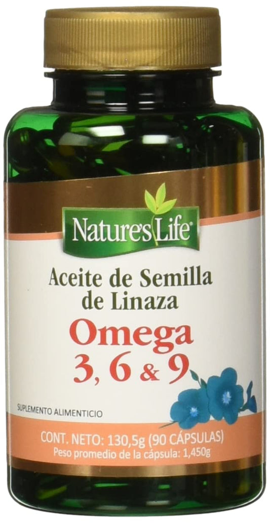 Nature's Life - Aceite de Semilla de Linaza Omega 3 6 y 9 90 Cápsulas | Sin gluten, sin lactosa, sin azúcares añadidos ni colorantes artificiales, apoya la salud cardiovascular y digestiva, 18 años