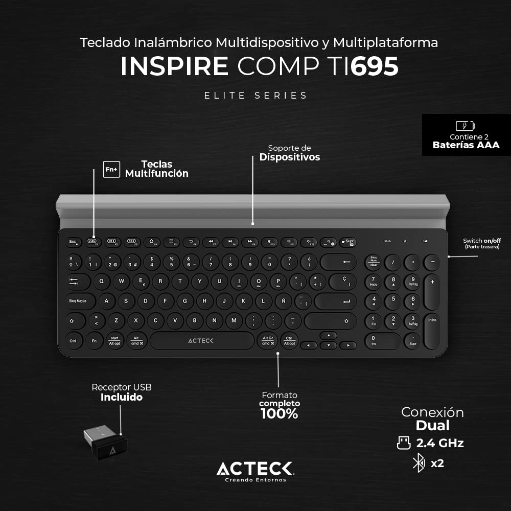 Acteck Teclado Multidispositivo Inspire Comp TI695 / 2.4Ghz + 2 Modos BT Soporte para Dispositivo + 2xBats AAA Incluidas Negro Elite Series