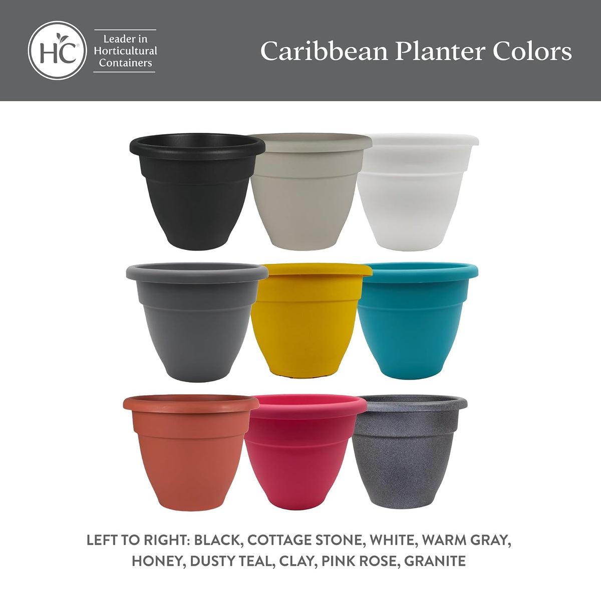 The HC Companies Maceta caribeña de 16 Pulgadas, Maceta Ligera de plástico para Interiores y Exteriores, para Hierbas y Flores, Color Negro