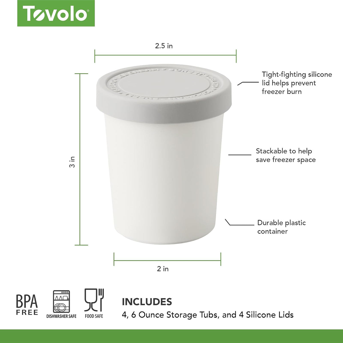 Tovolo Sweet Treat, contenedor reutilizable para helado casero, juego de recipientes apilables de 4 a 6 onzas con tapas de silicona para congelador, sin BPA y aptos para lavaplatos
