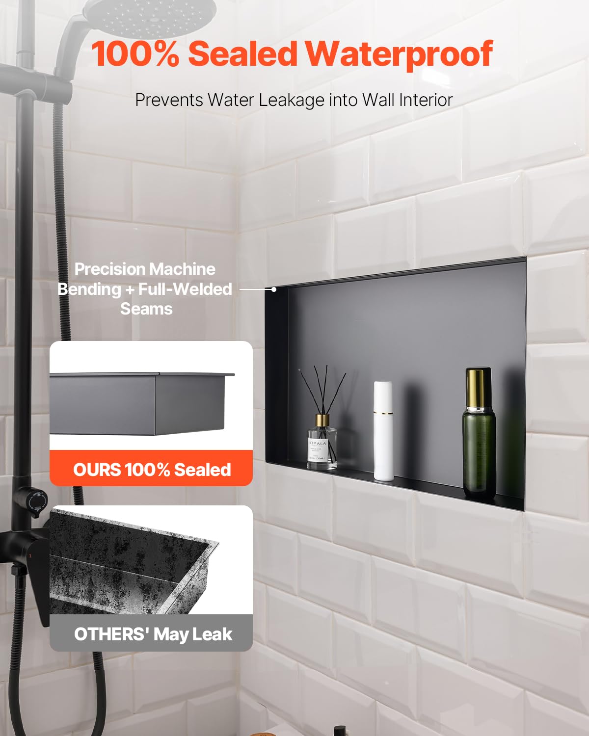 VEVOR Nicho de Ducha Empotrado 33x63,5x10,2 cm Estante Divisor de Pared de Acero Inoxidable Organizador de Jabón y Champú sin Marco Sellado Impermeable Duradero Fácil de Instalar para Baño, Negro