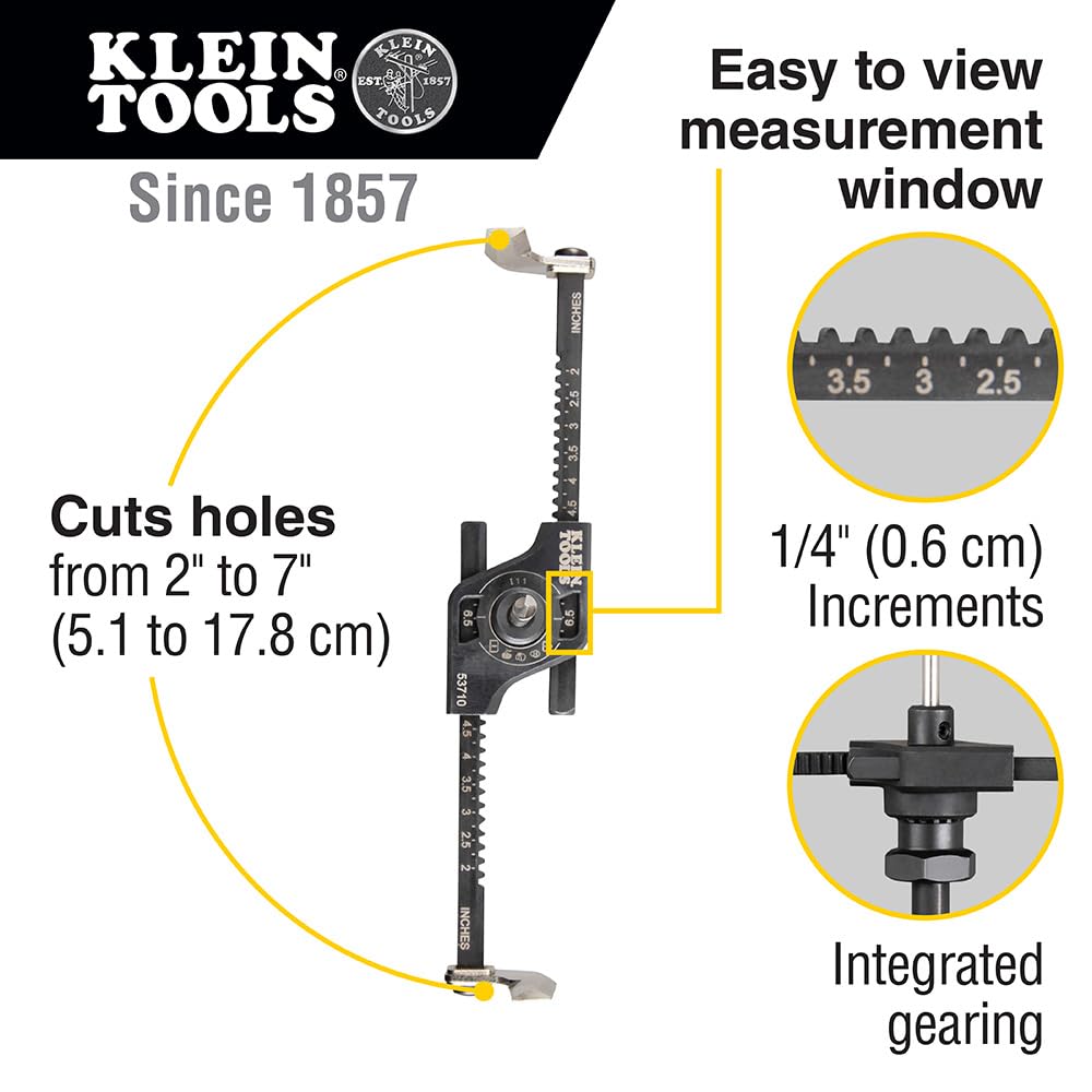 Klein Tools 53710 - Sierra de agujero, cortador de agujeros circulares ajustable con tazón para polvo, puerto de aspiradora integrado, para paneles de yeso y azulejos de techo, 2 a 7 pulgadas